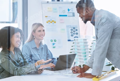 Preview: Architect teamwork, building engineer or designer on laptop talking, meeting or planning 3d model a