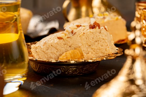 Preview: Piece of turkish halva on metal plate