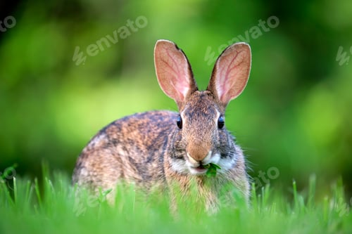 Preview: Grey small hare eating grass on summer field. Wild rabbit in nature