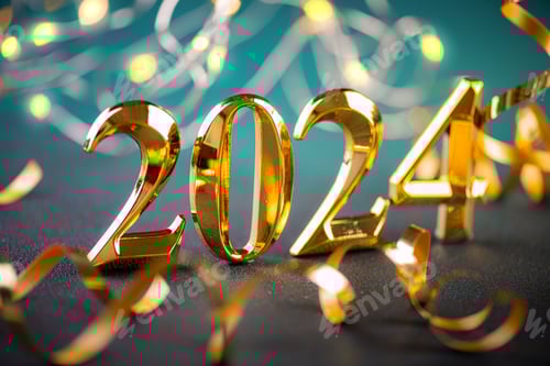 Visualização: Feliz ano novo de 2024, plano de fundo, cartão de férias de ano novo com luzes brilhantes, decorações festivas