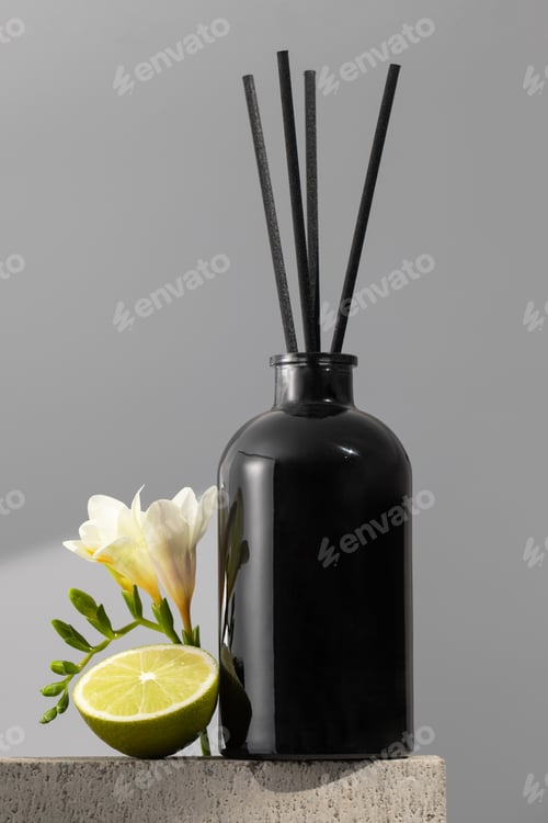 Preview: Black glass diffuser with the scent of flowers and lime. Perfumes for the room.