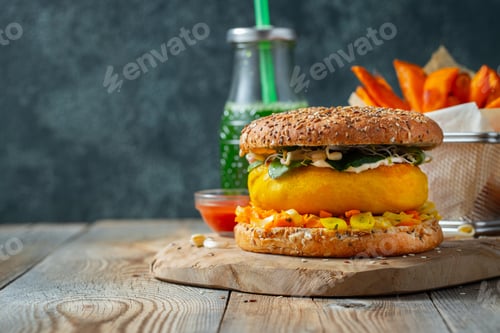 Preview: Healthy vegan burger with fresh vegetables.