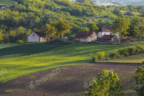 Preview: Beautiful horizontal shot of a green field with bushes, trees, and small houses in the countryside