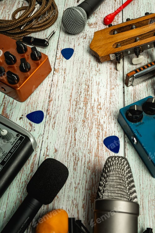 Preview: Music recording studio equipment flat lay with microphones guitar pedals keyboard and audio mixer