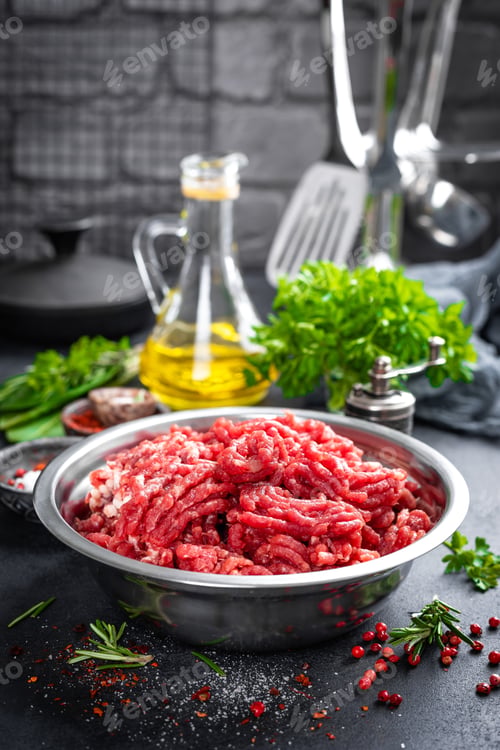 Preview: Mince. Ground meat with ingredients for cooking
