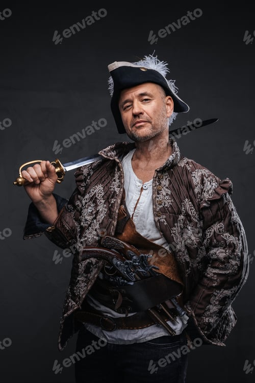 Preview: Seasoned pirate with a grey beard dressed in a brown pirate vest