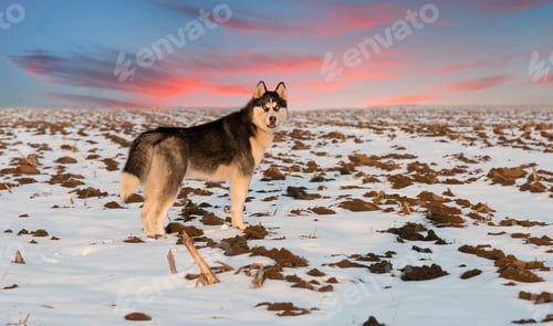 Preview: husky dog on sunset