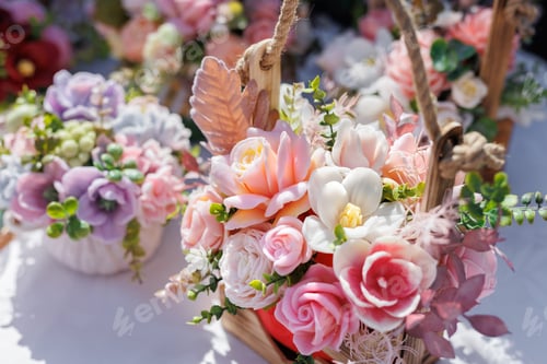 Preview: A bouquet of beautiful bright flowers in a gift cardboard box. A gift bouquet of soap flowers.