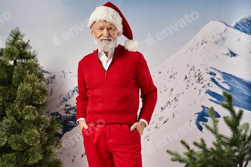 Preview: jolly sporty man in Santa costume with hands in pockets with snowy mountain backdrop, winter concept