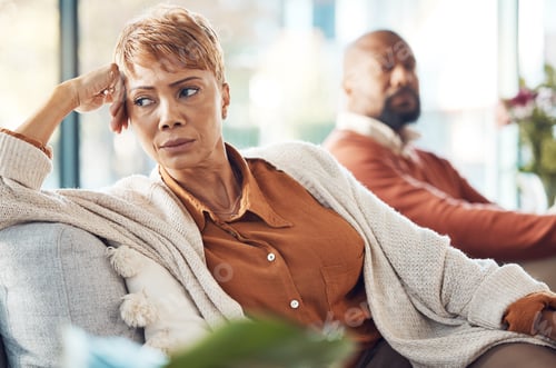 Preview: Mature couple, divorce and fighting on sofa in house, home living room or marriage counseling thera