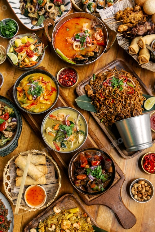 Preview: many different thai food dishes on table in modern restaurant in bangkok thailand