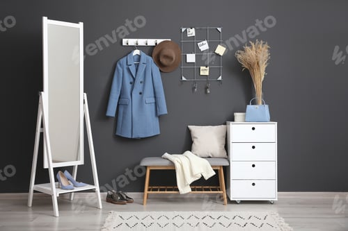 Preview: Hallway interior with stylish furniture, clothes and accessories