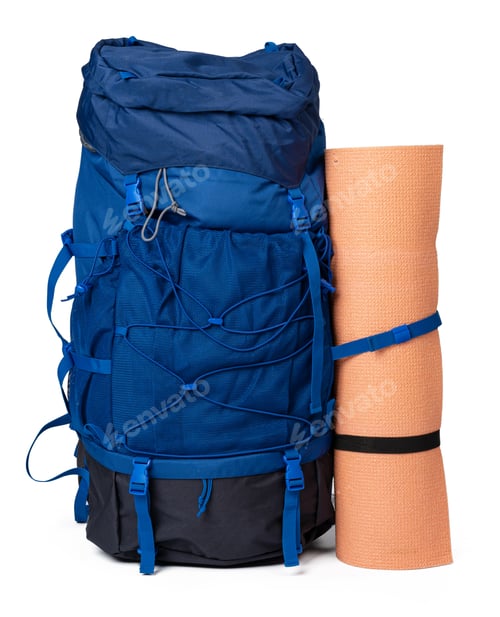Preview: Blue hiking backpack with fitness mat isolated on white