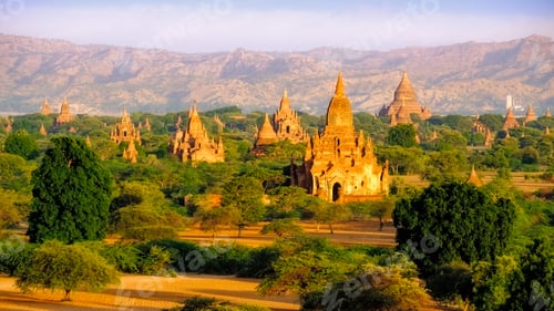 Preview: Sunrise landscape view of beautiful old temples in Bagan, Myanmar