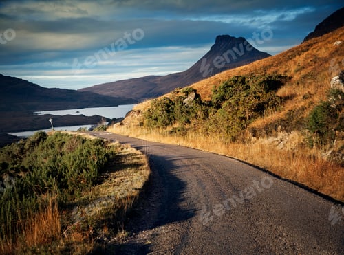 Preview: Rural road and view of Stac Pollaidh, Assynt, North West Highlands, Scotland, UK