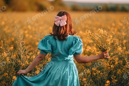 Preview: Unrecognizable woman in yellow canola flowers field.Lady in retro dress. Harvest