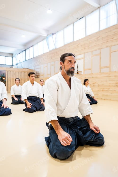 Preview: Sensei Practicing Seiza in Martial Arts Class With Attentive Students in Training Hall