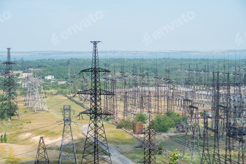 Preview: A lot of high-voltage power lines on the territory of the Thermal Power Plant outdoor