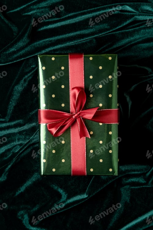 Preview: Christmas gift in green packaging with a red ribbon.