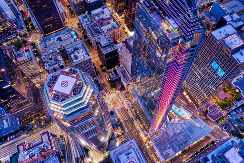 Preview: Aerial shot of the illuminated buildings in downtown Los Angeles at night