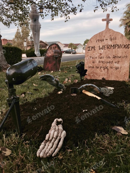 Preview: Halloween graveyard display in the front yard.