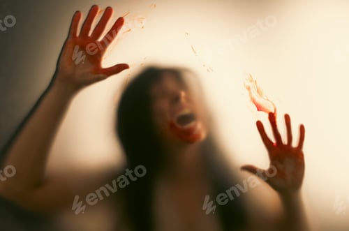 Preview: Shadowy figure with blood behind glass - horror background