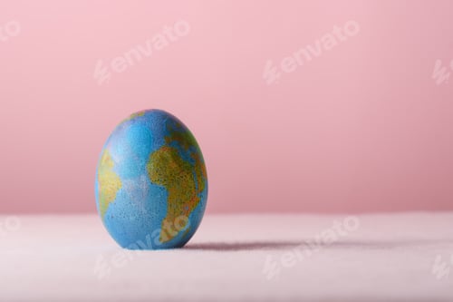 Preview: Blue Easter egg with world map stands on pink background as symbol of global holiday