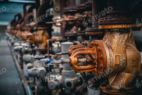 Preview: Closeup shot of valves and pipes found on machinery in an industrial factory