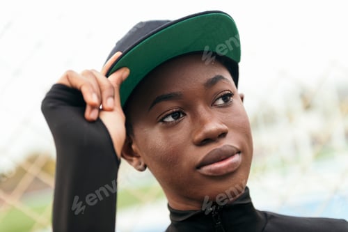 Preview: african american woman adjusting her cap