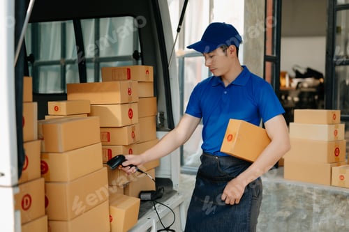 Preview: Portrait of courier delivery Asian man searching the address on digital tablet.