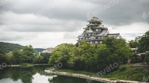 Preview: Green scenery reflecting in the river at the Okayama castle in Japan