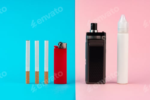 Preview: Regular cigarettes and electronic cigarette on color background
