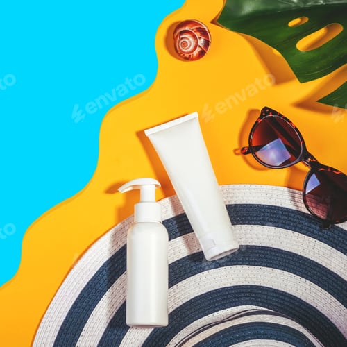 Preview: Sunprotection objects Woman's hat with sunglasses protection cream SPF Flat lay yellow background.