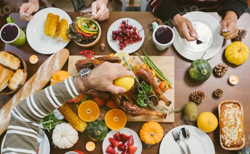 Preview: Group of people enjoying dinner with turkey together