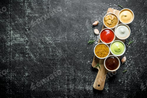 Preview: Different sauces in the bowls on the cutting Board.