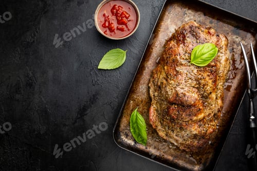Roast Meat with Fresh Basil on Baking Sheet