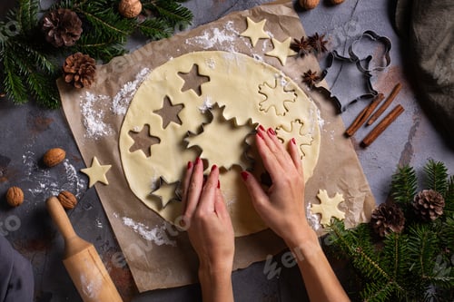 Preview: Christmas cooking and baking, female hands making cookies from dough