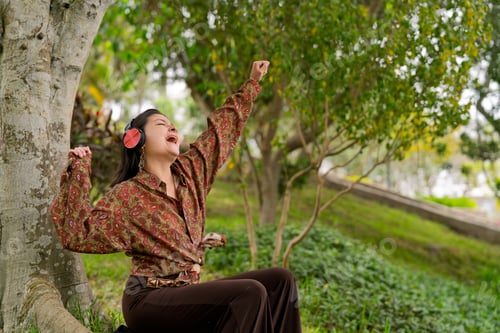 Preview: Young woman enjoying music outdoors, feeling joy and freedom