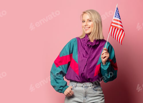 Preview: Beautiful blonde woman in 90s clothes with USA flag