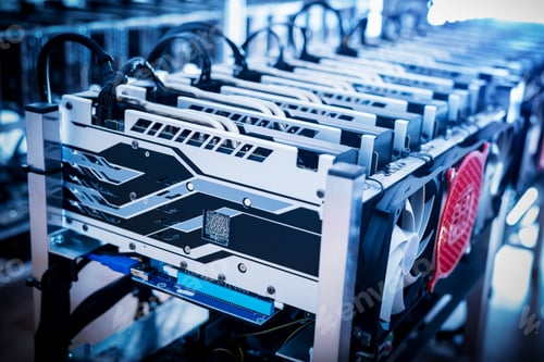 Preview: Bitcoin mining devices standing in a row.