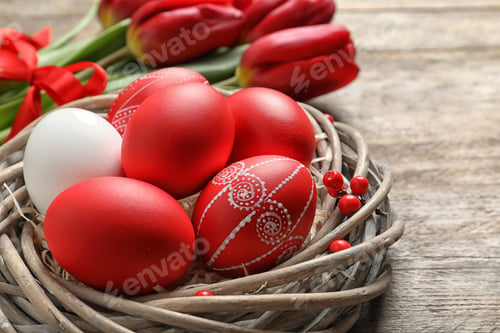 Preview: Wicker nest with painted Easter eggs on table, closeup