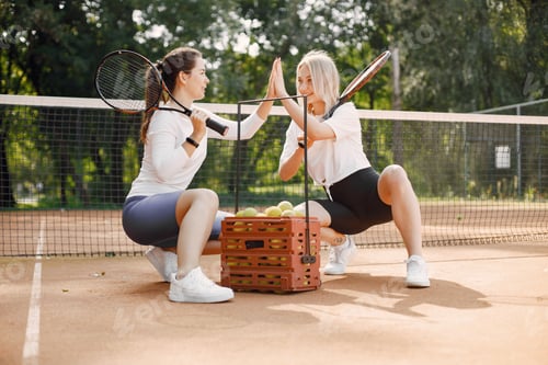 Preview: Two European athlete women at tennis playground