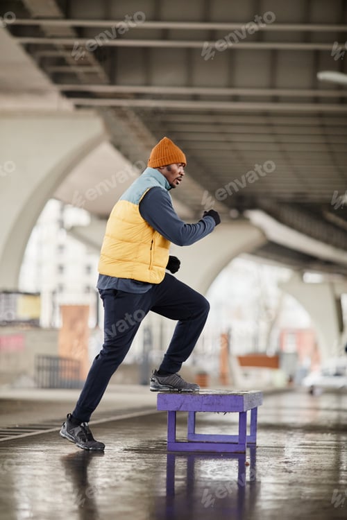 Preview: Side view of young active African American athlete exercising on jump box