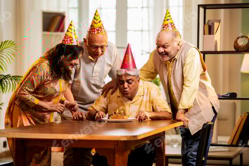 Preview: Indian senior adults cutting birthday cake and exchanging gifts during happy indoor celebration