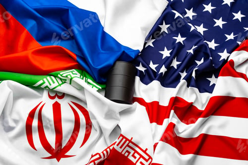 Preview: Flags of Iran, USA and Russia together with oil barrel. Oil embargo, oil crisis concept