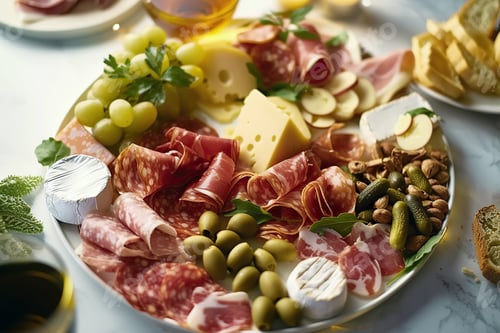 Preview: Platter of Meats, Cheeses, and Breads on a Table