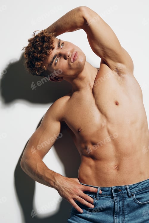 Preview: man attractive background standing fitness person health white background torso sexy gray fit