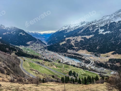 Preview: Aerial view of Airolo village in the Swiss Alps, from the Gotthard Pass, Switzerland