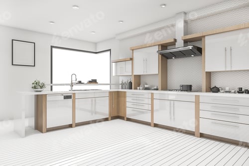 Preview: 3d rendering white scandinavian kitchen and dining room