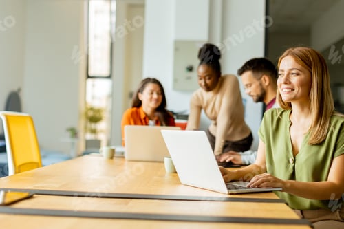Preview: Business woman working on laptop with her young multiethnic startup team working in modern office